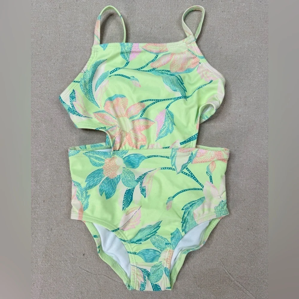 OshKosh B'gosh Girls One Piece Cutout Swimsuit Tropical Floral Green Size 4/4A
